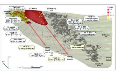 Isometric View Looking NNE SAM W Target with High Grade Gold Intercepts (CNW Group/1911 Gold Corporation)