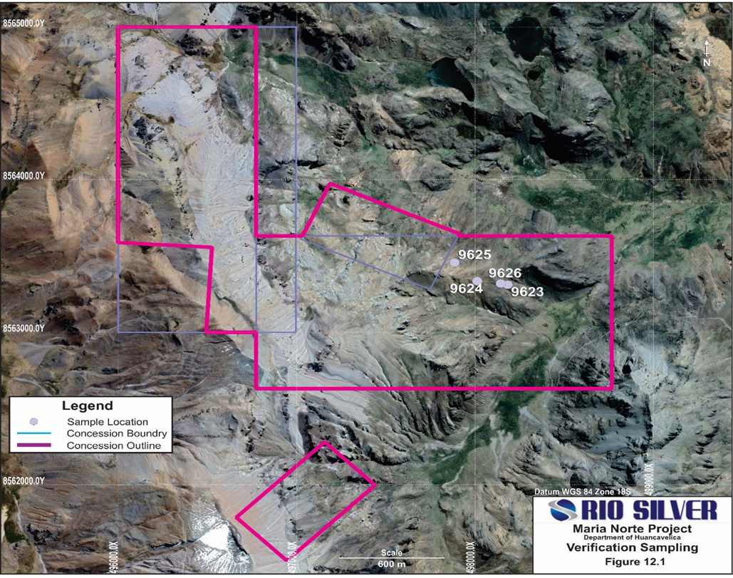 Map outlining concession boundaries and surface verification sampling locations at Rio Silver